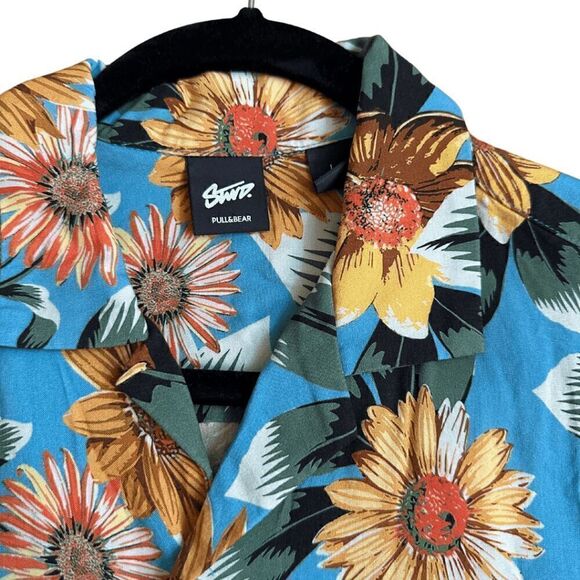 Pull&Bear STWD Mens Multicolor Floral Short Sleeve Viscose Button Up Shirt Mediu - Picture 3 of 7